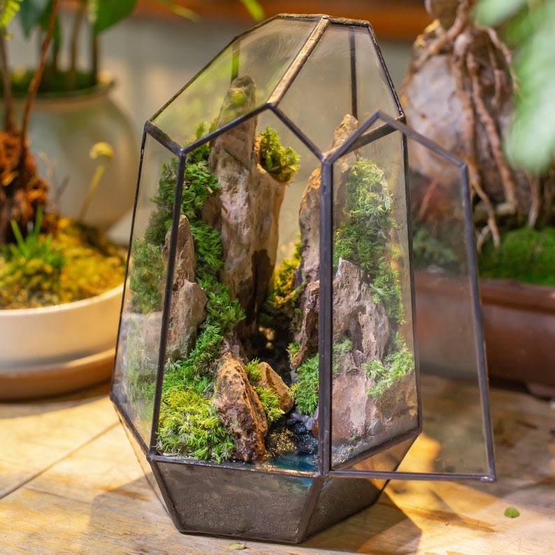 Geometric Glass Terrarium with Preserved Moss & Mountain Landscape