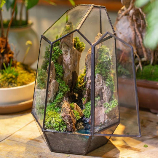 Geometric Glass Terrarium with Preserved Moss & Mountain Landscape