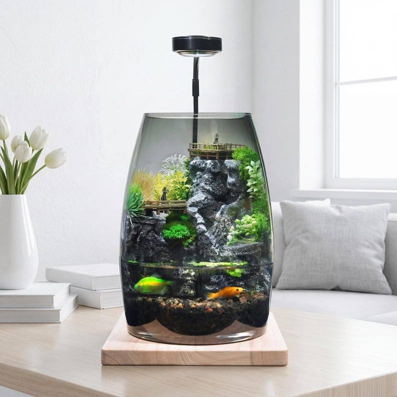 Glass Micro Landscape Terrarium with LED Light and Waterfall Decor