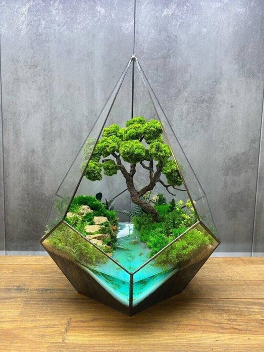 Crystal Pyramid Terrarium with Preserved Moss Bonsai & Glowing Resin